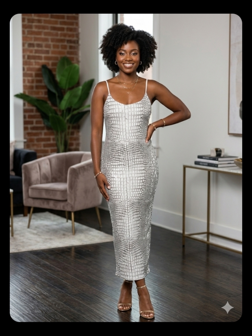 Silver Croc-Print Slip Midi Dress 18 inches p2p